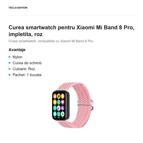Curea smartwatch pentru Xiaomi Mi Band 8 Pro, impletita, roz [1]