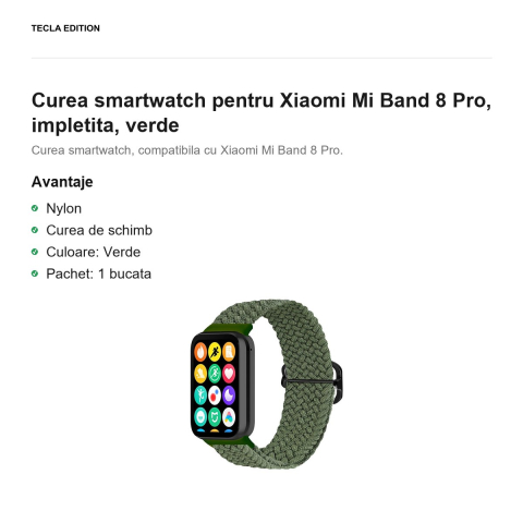 Curea smartwatch pentru Xiaomi Mi Band 8 Pro, impletita, verde [1]