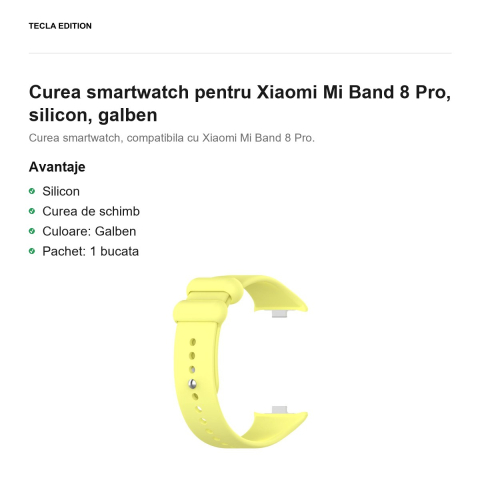 Curea smartwatch pentru Xiaomi Mi Band 8 Pro, silicon, galben [1]