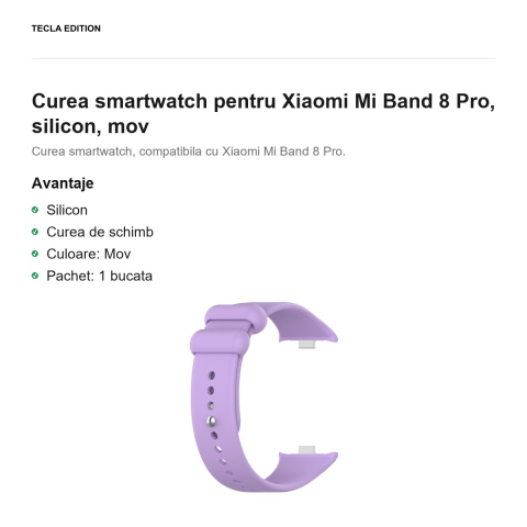 Curea smartwatch pentru Xiaomi Mi Band 8 Pro, silicon, mov [1]