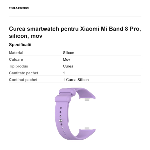 Curea smartwatch pentru Xiaomi Mi Band 8 Pro, silicon, mov [2]