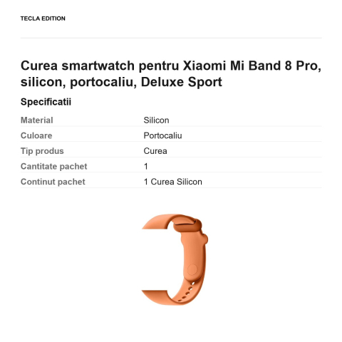 Curea smartwatch pentru Xiaomi Mi Band 8 Pro, silicon, portocaliu, Deluxe Sport [2]