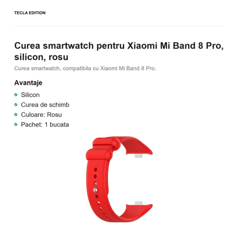 Curea smartwatch pentru Xiaomi Mi Band 8 Pro, silicon, rosu [1]