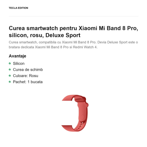 Curea smartwatch pentru Xiaomi Mi Band 8 Pro, silicon, rosu, Deluxe Sport [1]