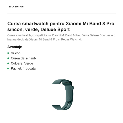 Curea smartwatch pentru Xiaomi Mi Band 8 Pro, silicon, verde, Deluxe Sport [1]