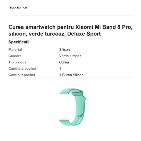 Curea smartwatch pentru Xiaomi Mi Band 8 Pro, silicon, verde turcoaz, Deluxe Sport [2]