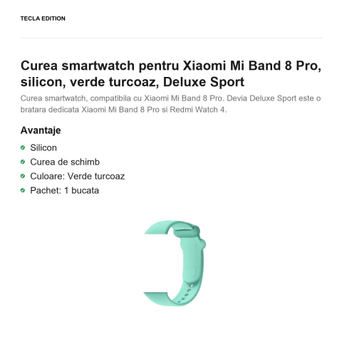 Curea smartwatch pentru Xiaomi Mi Band 8 Pro, silicon, verde turcoaz, Deluxe Sport [1]
