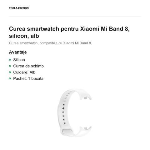 Curea smartwatch pentru Xiaomi Mi Band 8, silicon, alb [1]