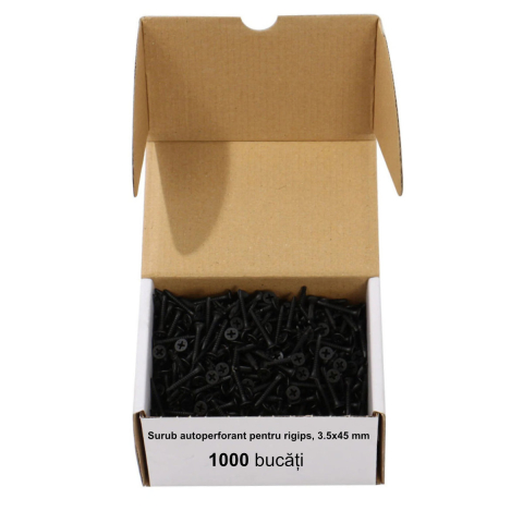 Suruburi pentru Gips-Carton - Cutie 1000 bucati Surub Autoperforant pentru Rigips, 3.5 x 45 mm, Cap Inecat, Otel Fosfatat, Lungime Extinsa, pentru Straturi Duble