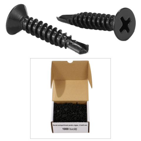 Cutie 1000 bucati Surub Autoperforant pentru Rigips, 3.5 x 45 mm, Cap Inecat, Otel Fosfatat, Lungime Extinsa, pentru Straturi Duble [1]