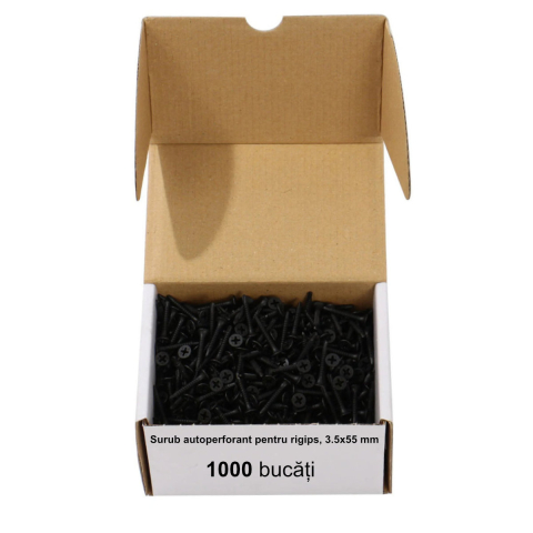 Suruburi pentru Gips-Carton - Cutie 1000 bucati Surub Autoperforant pentru Rigips, 3.5 x 55 mm, Cap Inecat, Otel Fosfatat, Lungime Extra, pentru Aplicatii Speciale Extreme