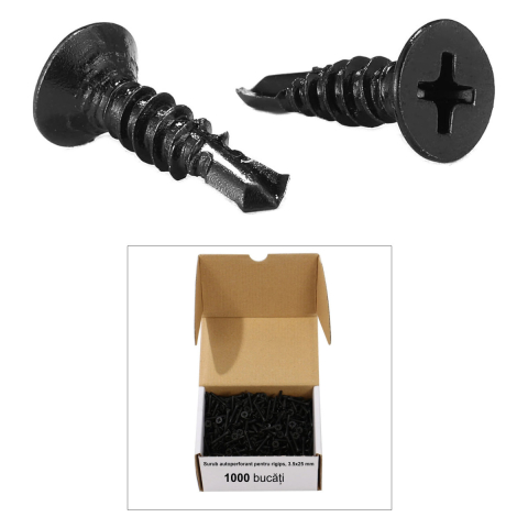 Cutie 1000 bucati Surub Autoperforant pentru Rigips, 3.5x25 mm, Cap Inecat, Otel Fosfatat, negre [1]