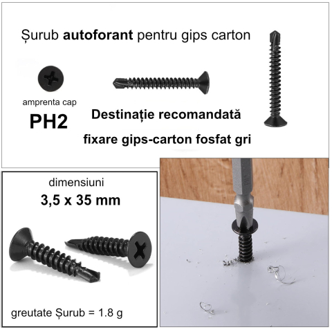 Cutie 1000 bucati Surub Autoperforant pentru Rigips, 3.5x35 mm, Cap Inecat, Otel Fosfatat, Aplicatii Standard, negre [2]