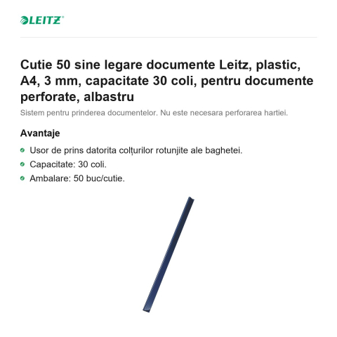 Cutie 50 sine legare documente Leitz, plastic, A4, 3 mm, capacitate 30 coli, pentru documente perforate, albastru [1]