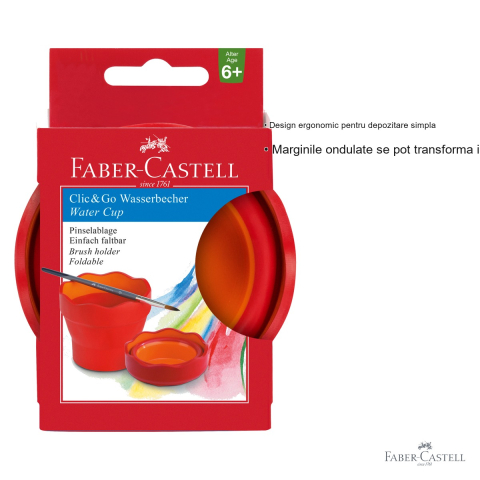 Cutie apa Click-Go Faber-Castell, design ergonomic cu margini ondulate, suport pensula inclus, rosie [2]