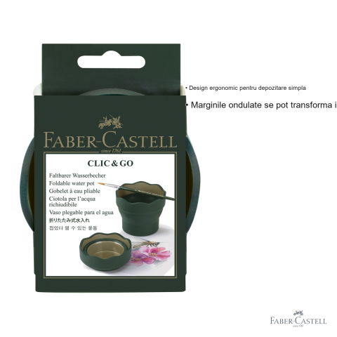 Cutie apa Click-Go Faber-Castell, design ergonomic cu margini ondulate, suport pensula integrat, verde [2]