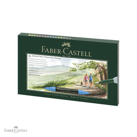 Markere si instrumente de desen artistic - Cutie cadou 16 markere solubile Faber-Castell A.Durer, varf dublu pensula si carioca, set complet cu accesorii pentru acuarela