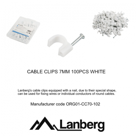 Cutie cu 100 bucati cleme cablu 7mm, Lanberg 41456, cui de otel 18mm, pentru prindere si fixare, albe [3]