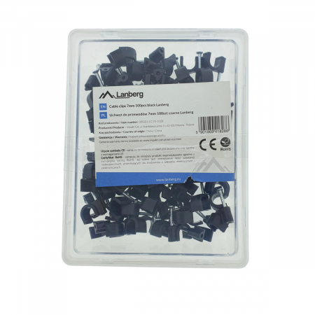 Organizare cabluri - Cutie cu 100 bucati cleme cablu 7mm, Lanberg 41456, cui de otel 18mm, pentru prindere si fixare, negre