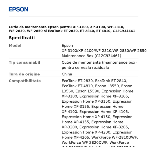 Cutie de mentenanta Epson pentru XP-3100, XP-4100, WF-2810, WF-2830, WF-2850 si EcoTank ET-2830, ET-2840, ET-4810, C12C934461 [2]