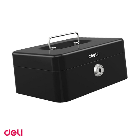 Casete de valori si seifuri - Cutie de valori Deli din metal cu 2 chei, tavita detasabila cu 5 compartimente si maner de transport, 9x20x16 cm, neagra