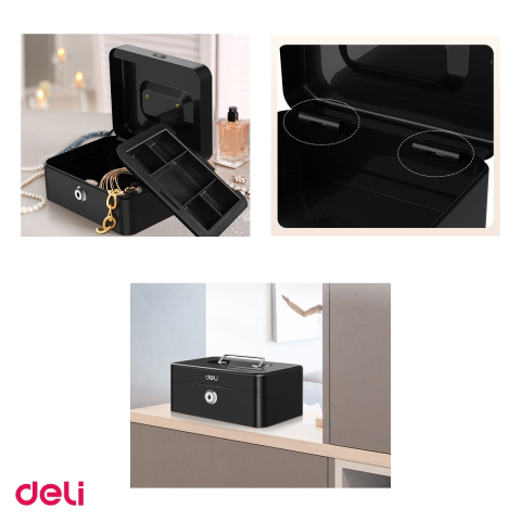 Cutie de valori Deli din metal cu 2 chei, tavita detasabila cu 5 compartimente si maner de transport, 9x20x16 cm, neagra [3]