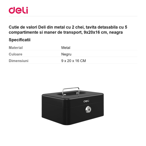 Cutie de valori Deli din metal cu 2 chei, tavita detasabila cu 5 compartimente si maner de transport, 9x20x16 cm, neagra [2]