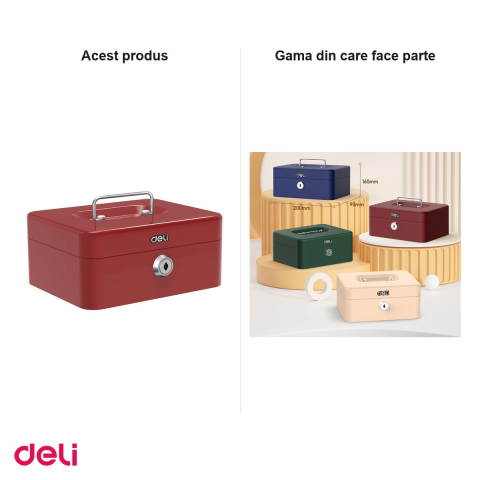 Cutie de valori Deli din otel vopsit cu cheie, compartimente pentru monede si bancnote, tavita detasabila, 9x20x16 cm, rosie [6]