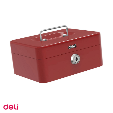 Casete de valori si seifuri - Cutie de valori Deli din otel vopsit cu cheie, compartimente pentru monede si bancnote, tavita detasabila, 9x20x16 cm, rosie
