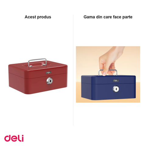 Cutie de valori Deli din otel vopsit cu cheie, compartimente pentru monede si bancnote, tavita detasabila, 9x20x16 cm, rosie [5]