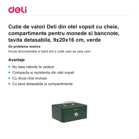 Cutie de valori Deli din otel vopsit cu cheie, compartimente pentru monede si bancnote, tavita detasabila, 9x20x16 cm, verde [1]