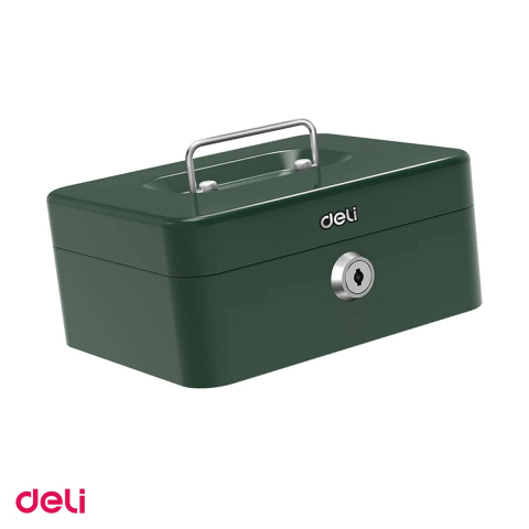 Casete de valori si seifuri - Cutie de valori Deli din otel vopsit cu cheie, compartimente pentru monede si bancnote, tavita detasabila, 9x20x16 cm, verde