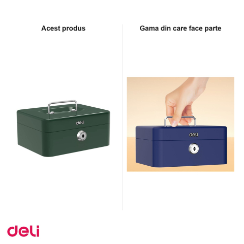 Cutie de valori Deli din otel vopsit cu cheie, compartimente pentru monede si bancnote, tavita detasabila, 9x20x16 cm, verde [5]