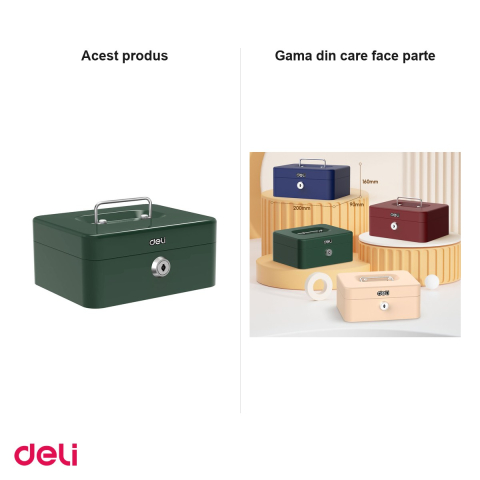 Cutie de valori Deli din otel vopsit cu cheie, compartimente pentru monede si bancnote, tavita detasabila, 9x20x16 cm, verde [6]