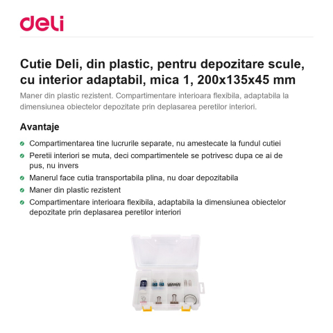Cutie Deli, din plastic, pentru depozitare scule, cu interior adaptabil, mica 1, 200x135x45 mm [1]