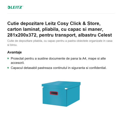 Cutie depozitare Leitz Cosy Click & Store, carton laminat, pliabila, cu capac si maner, 281x200x372, pentru transport, albastru Celest [1]