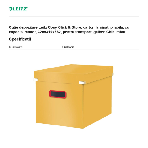Cutie depozitare Leitz Cosy Click & Store, carton laminat, pliabila, cu capac si maner, 320x310x362, pentru transport, galben Chihlimbar [2]