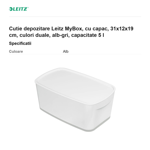 Cutie depozitare Leitz MyBox, cu capac, 31x12x19 cm, culori duale, alb-gri, capacitate 5 l [2]