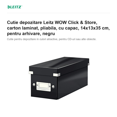 Cutie depozitare Leitz WOW Click & Store, carton laminat, pliabila, cu capac, 14x13x35 cm, pentru arhivare, negru [1]