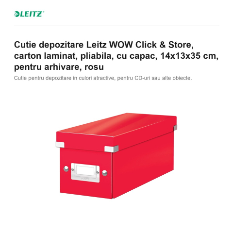 Cutie depozitare Leitz WOW Click & Store, carton laminat, pliabila, cu capac, 14x13x35 cm, pentru arhivare, rosu [1]