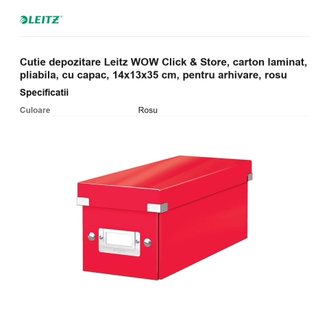 Cutie depozitare Leitz WOW Click & Store, carton laminat, pliabila, cu capac, 14x13x35 cm, pentru arhivare, rosu [2]