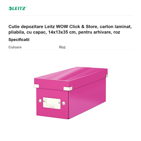 Cutie depozitare Leitz WOW Click & Store, carton laminat, pliabila, cu capac, 14x13x35 cm, pentru arhivare, roz [2]