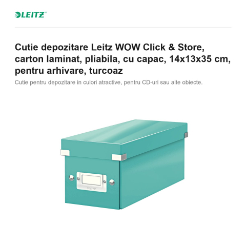 Cutie depozitare Leitz WOW Click & Store, carton laminat, pliabila, cu capac, 14x13x35 cm, pentru arhivare, turcoaz [1]