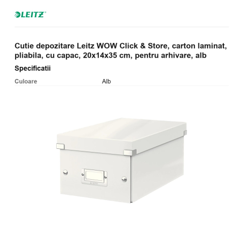 Cutie depozitare Leitz WOW Click & Store, carton laminat, pliabila, cu capac, 20x14x35 cm, pentru arhivare, alb [2]