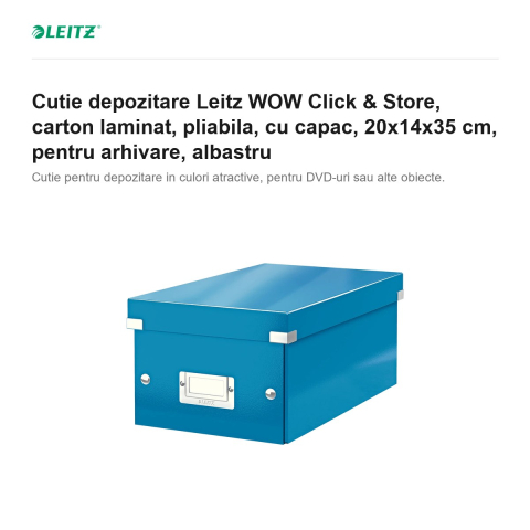 Cutie depozitare Leitz WOW Click & Store, carton laminat, pliabila, cu capac, 20x14x35 cm, pentru arhivare, albastru [1]