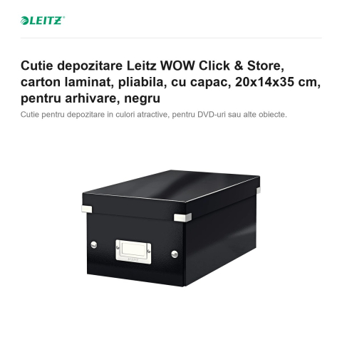 Cutie depozitare Leitz WOW Click & Store, carton laminat, pliabila, cu capac, 20x14x35 cm, pentru arhivare, negru [1]