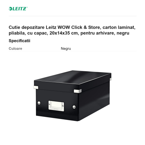 Cutie depozitare Leitz WOW Click & Store, carton laminat, pliabila, cu capac, 20x14x35 cm, pentru arhivare, negru [2]
