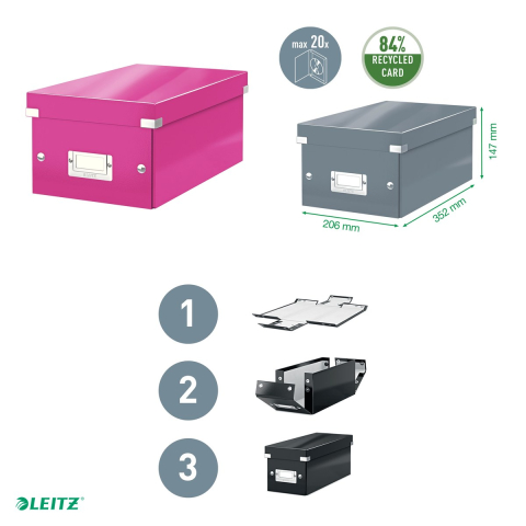 Cutie depozitare Leitz WOW Click & Store, carton laminat, pliabila, cu capac, 20x14x35 cm, pentru arhivare, roz [3]
