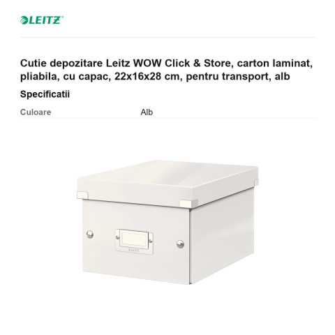 Cutie depozitare Leitz WOW Click & Store, carton laminat, pliabila, cu capac, 22x16x28 cm, pentru transport, alb [2]