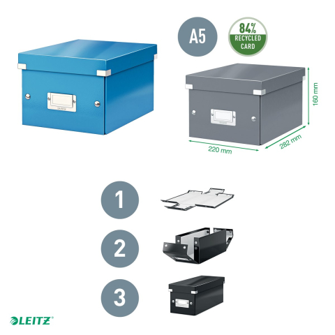 Cutie depozitare Leitz WOW Click & Store, carton laminat, pliabila, cu capac, 22x16x28 cm, pentru transport, albastru [3]